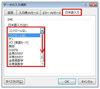 データの入力規則の日本語入力ダイアログボックス