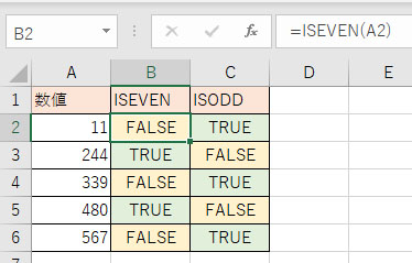 数値をISEVEN・ISODD関数で偶数か奇数か判定させた表