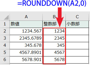 元の数値のA列とROUNDDOWN関数の計算式「=ROUNDDOWN(A2,0)」で整数部だけ取り出したB列