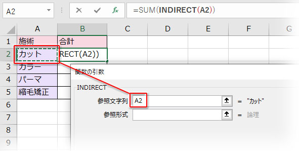 INDIRECT関数の参照文字列に別シートの合計したい列に定義した名前と同じ文字列が入ったセルをクリックで指定