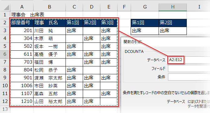 DCOUNTA関数の引数「データベース」に列見出しも含めて表の範囲を指定