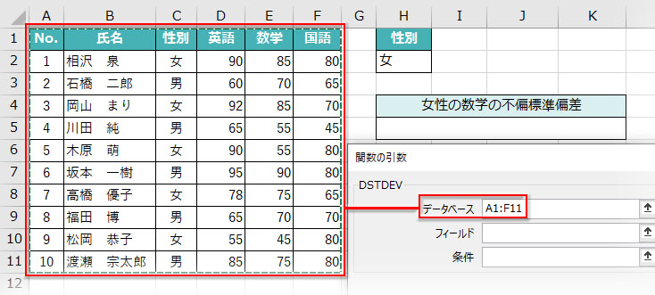 DSTDEV関数の引数「データベース」に列見出しも含めて表を指定