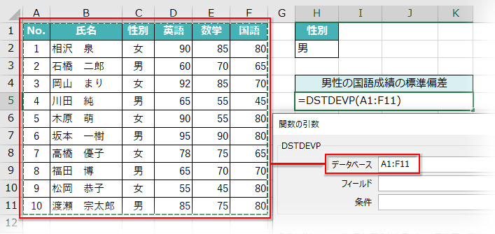 DSTDEVP関数の引数「データベース」に列見出しも含めて表を指定