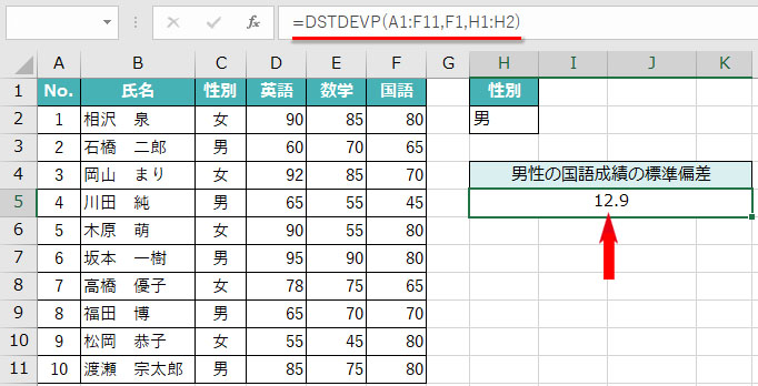 DSTDEVP関数で列の数値データから標準偏差が求められた