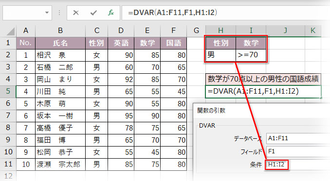 DVAR関数に複数条件を指定