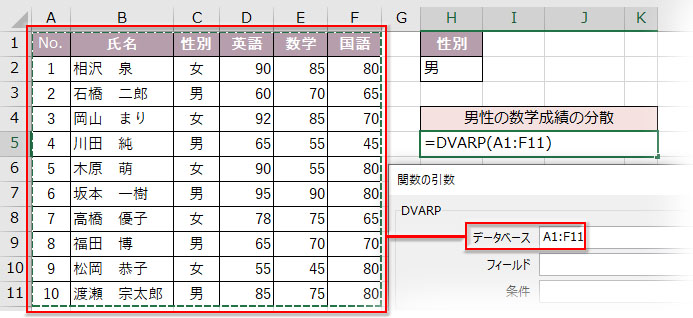 DVARP関数の引数「データベース」に列見出しも含めて表を指定