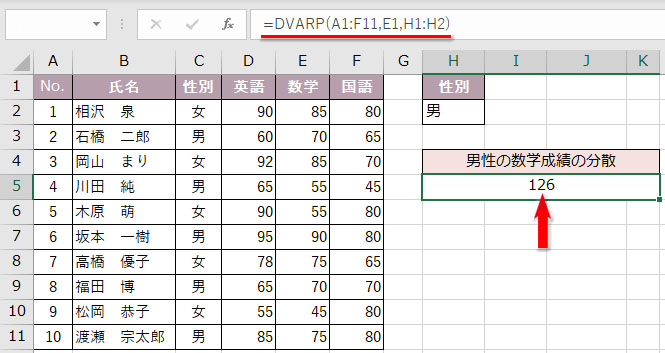 DVARP関数で列の数値データから分散が求められた