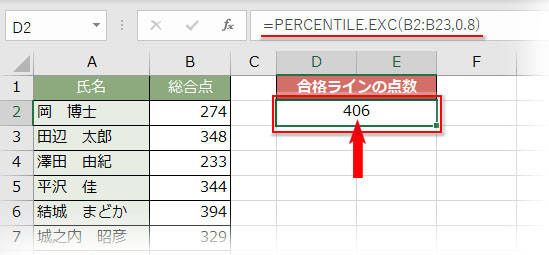 PERCENTILE.EXC関数を使った上位20％の位置の百分位数を取得