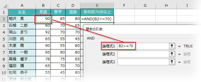 AND関数の引数「論理式1」にB2>=70と入力