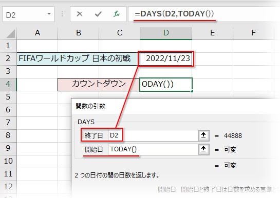 DAYS関数の終了日にイベントの日付、開始日にTODAY関数を入力