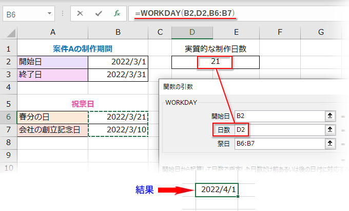 WORKDAY関数を使って実質的な稼働日数：21日後の日付を求めた結果
