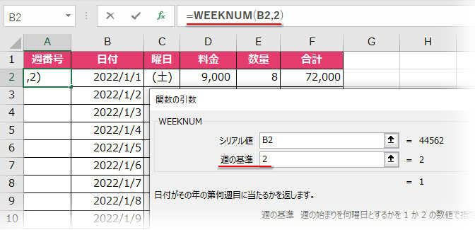 WEEKNUMの「週の基準」に1月1日を含む週をその年の第一週として開始日を月曜日とする2を指定