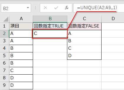 UNIQUE関数の回数指定TRUEとFALSEそれぞれの結果