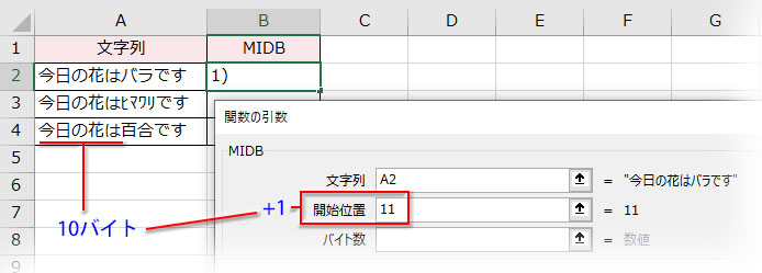 MIDB関数の引数「開始位置」を指定