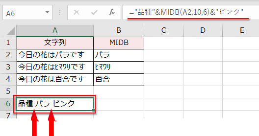 MIDB関数で取り出した文字列の前後に半角スペースが付いた