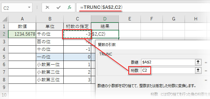 TRUNC関数の引数「桁数」を指定