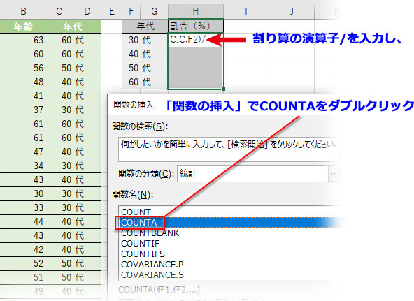 割り算の演算子/を入力後、「関数の挿入」ボタン→「関数の挿入」ダイアログ→「統計」→「COUNTA」をダブルクリック