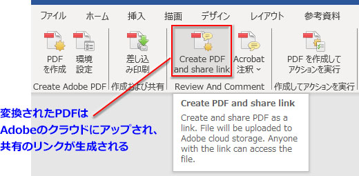 「Create PDF and share link」からPDFに変換すると共有のためのリンクが生成される
